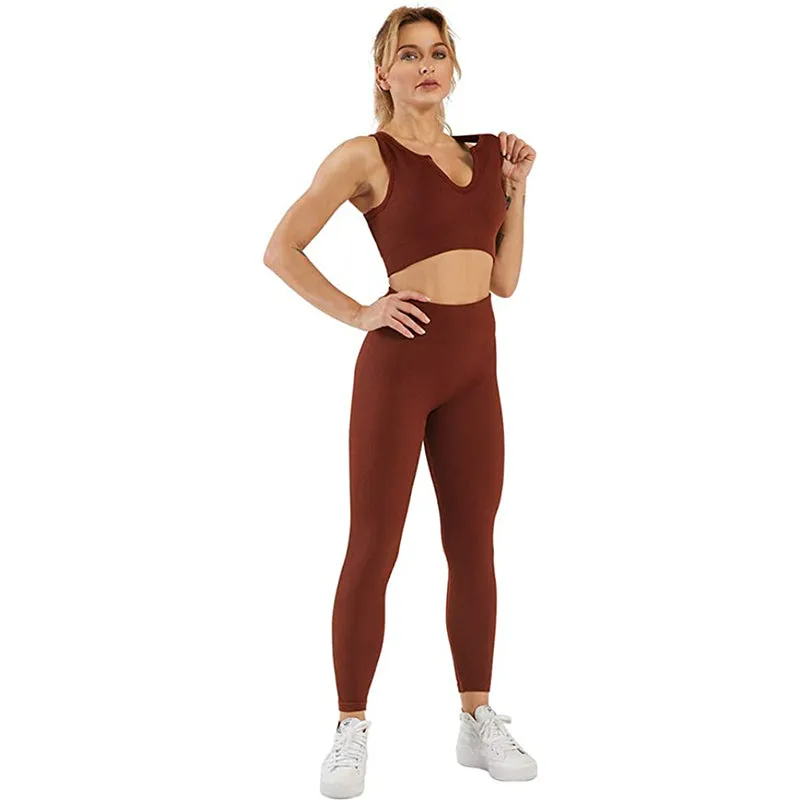 HANERDUN Women Workout Outfits 2 Piece Ribbed Seamless Crop Tank High Waist Leggings