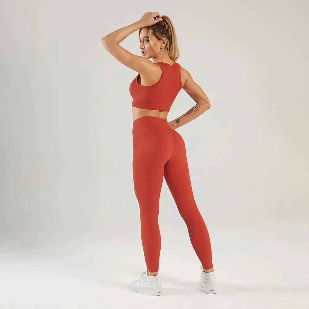 HANERDUN Women Workout Outfits 2 Piece Ribbed Seamless Crop Tank High Waist Leggings