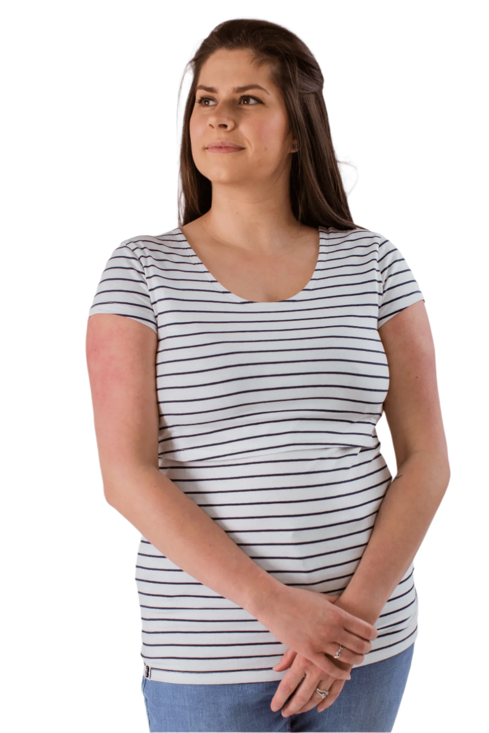 Nursing Short Sleeve Cotton T-Shirt | White/Navy Stripes